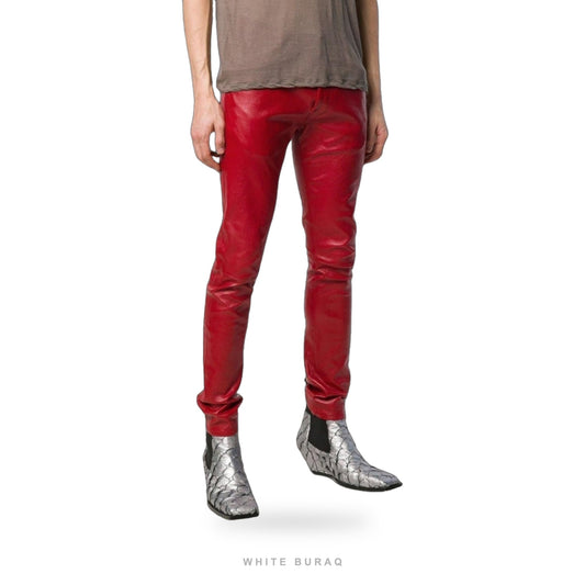 Men's Red Lambskin High-Rise Skinny Leather Pants – view 2