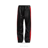 Men's Black and Red Lambskin Leather Track Pants