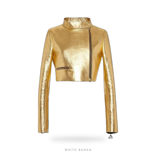 Women's Metallic Gold Cropped Leather Jacket