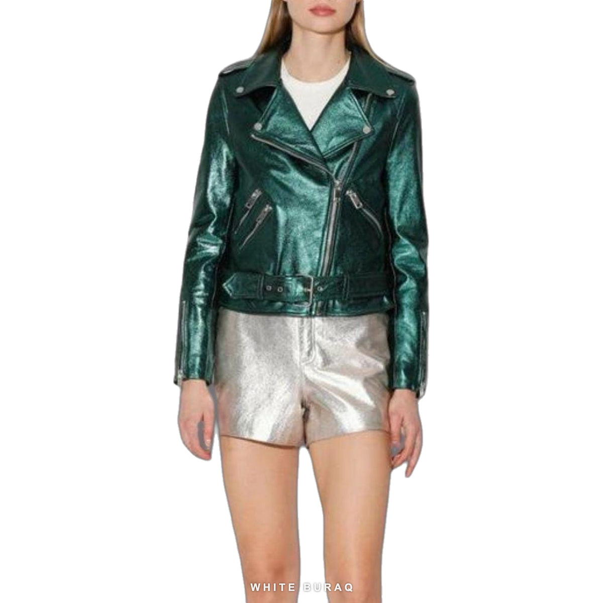 Women's Metallic Green Leather Biker Jacket