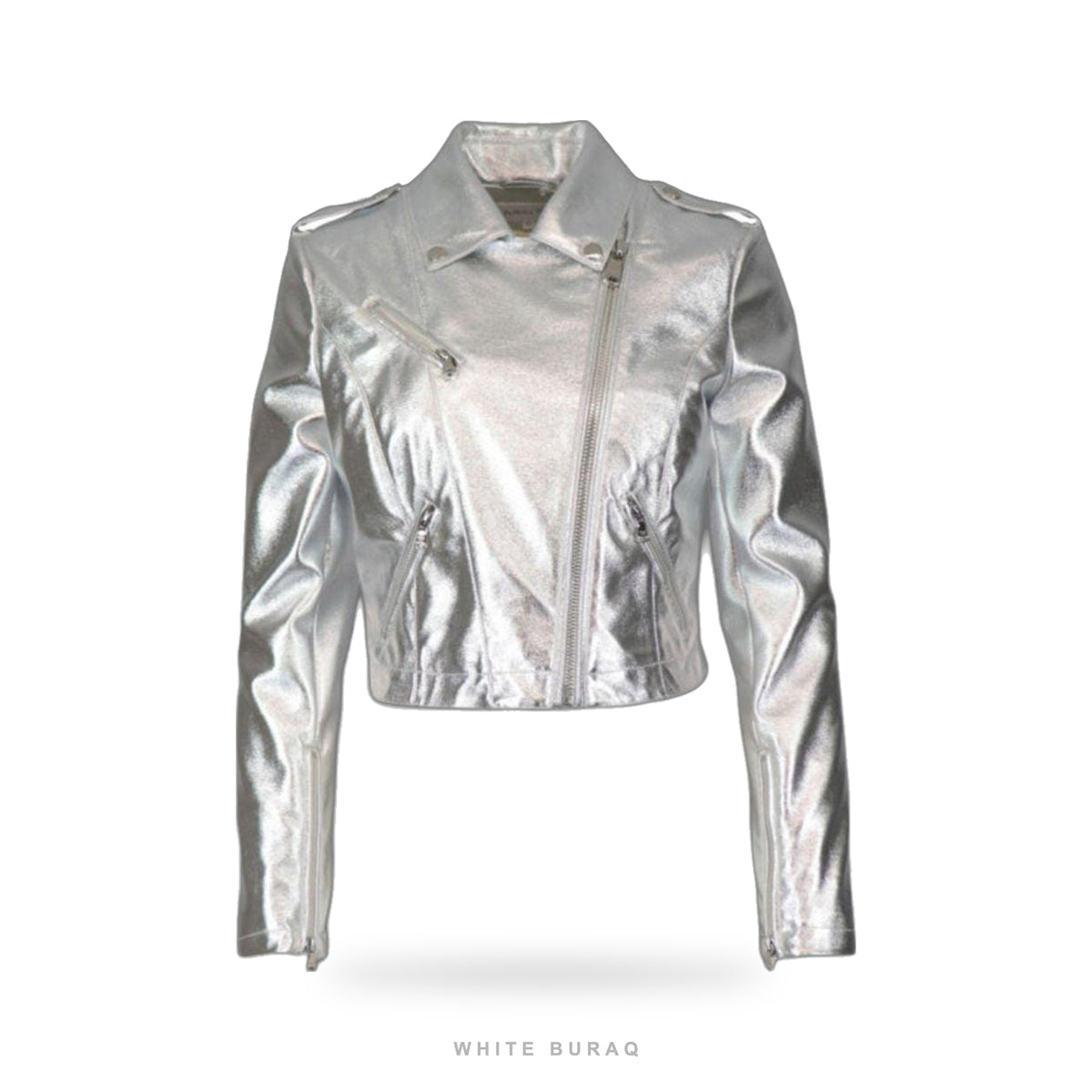 Women's Silver Metallic Cropped Leather Moto Jacket