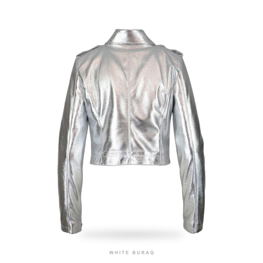 Women's Silver Metallic Cropped Leather Moto Jacket – view 2