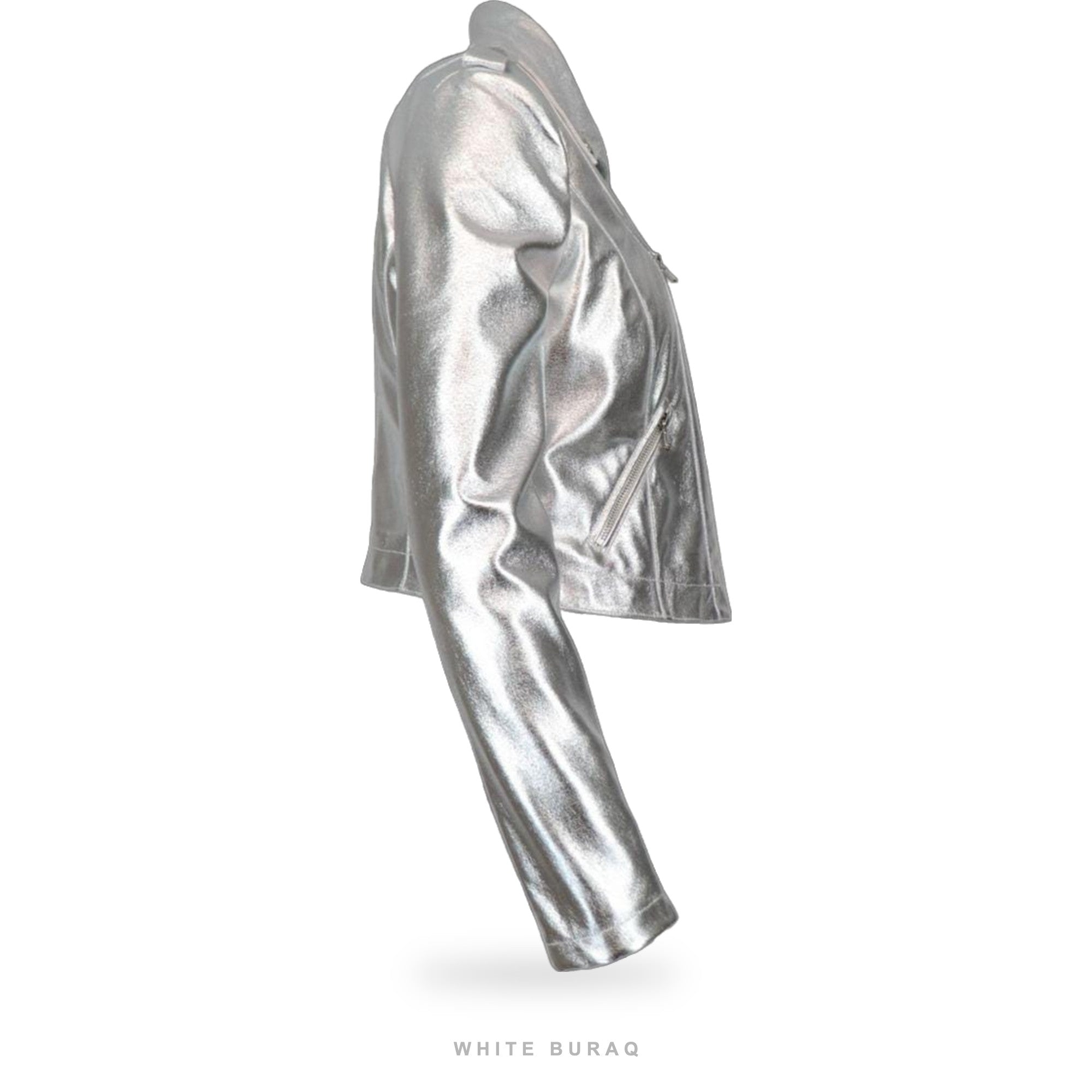 Women's Silver Metallic Cropped Leather Moto Jacket – view 3