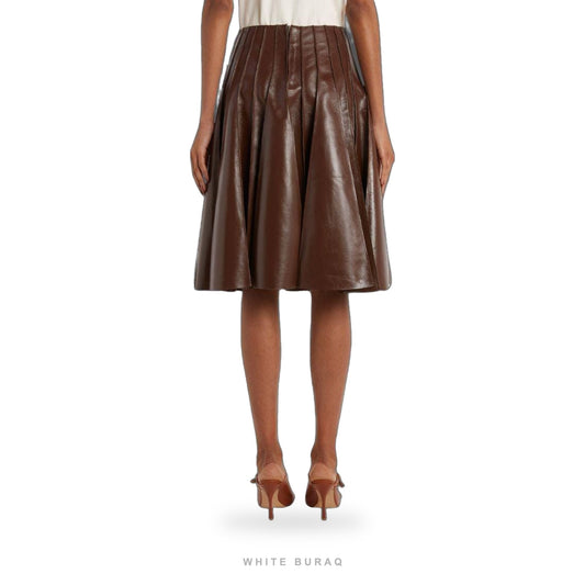 Women's Brown Leather Pleated Midi Skirt – view 2