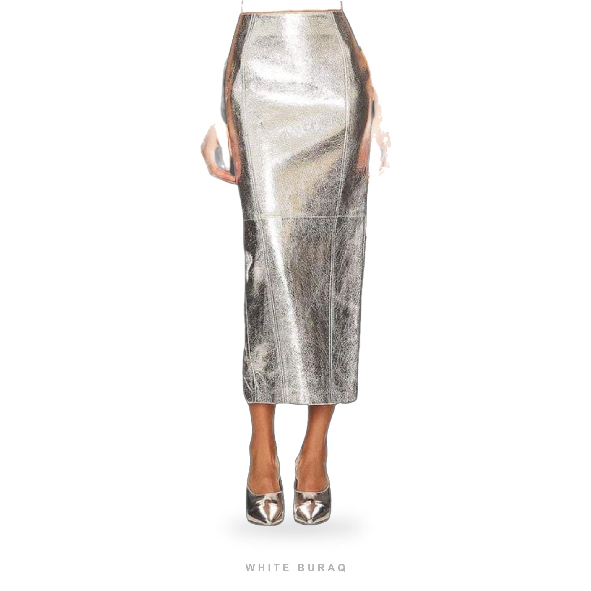 Women's Metallic Silver Leather Long Skirt
