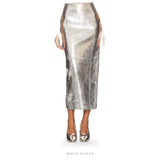 Women's Metallic Silver Leather Long Skirt