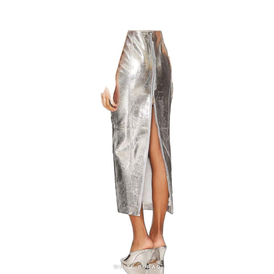 Women's Metallic Silver Leather Long Skirt – view 2