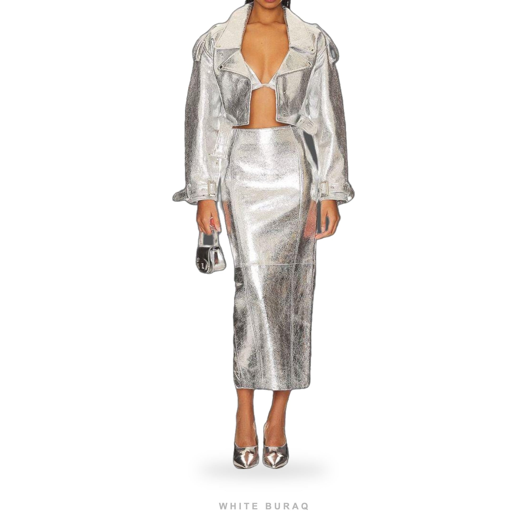 Women's Metallic Silver Leather Long Skirt – view 3