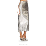 Women's Metallic Silver Leather Long Skirt – view 4