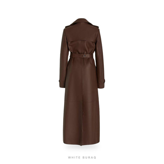 Women's Brown Leather Double-Breasted Trench Coat – view 2