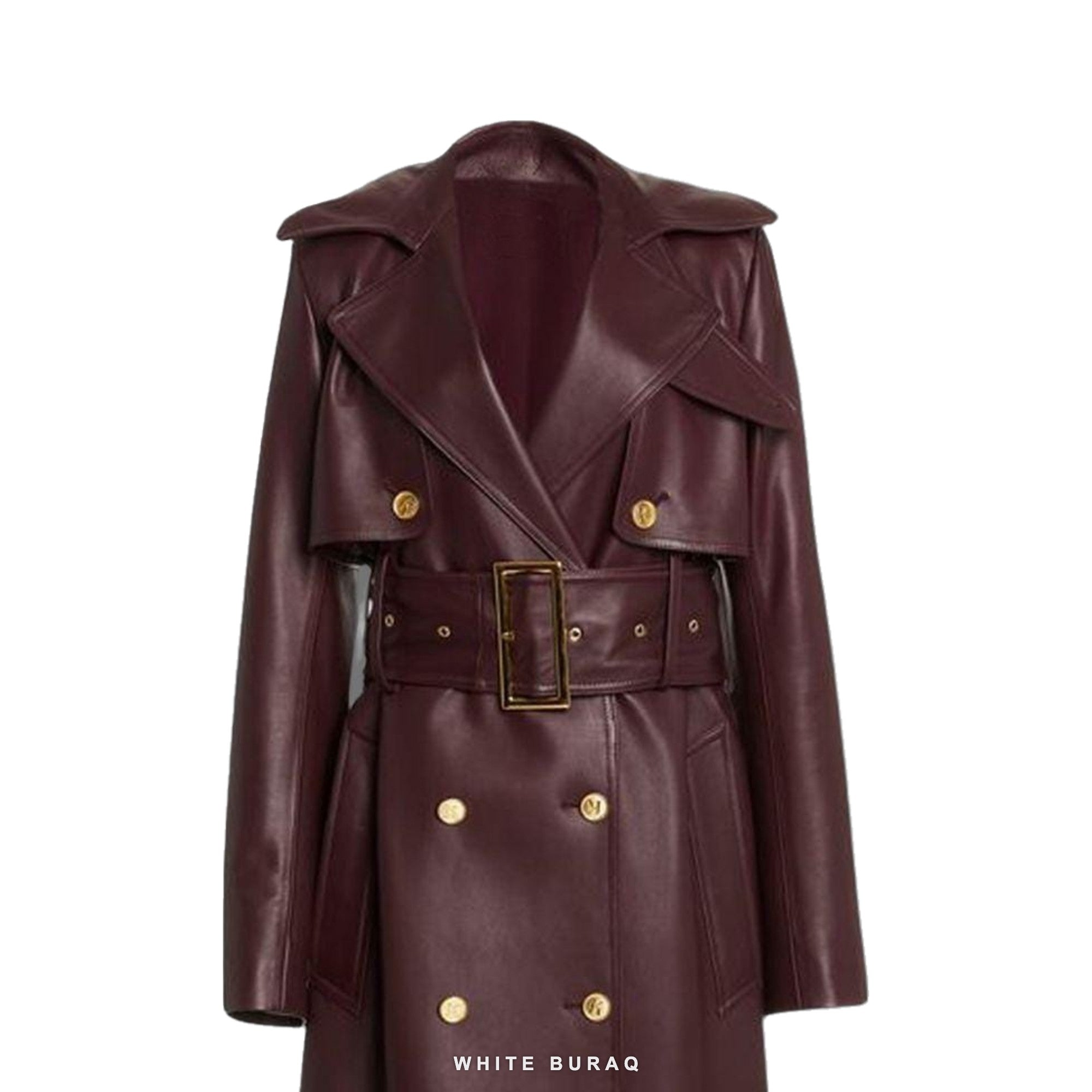 Women's Burgundy Leather Double-Breasted Trench Coat – view 3