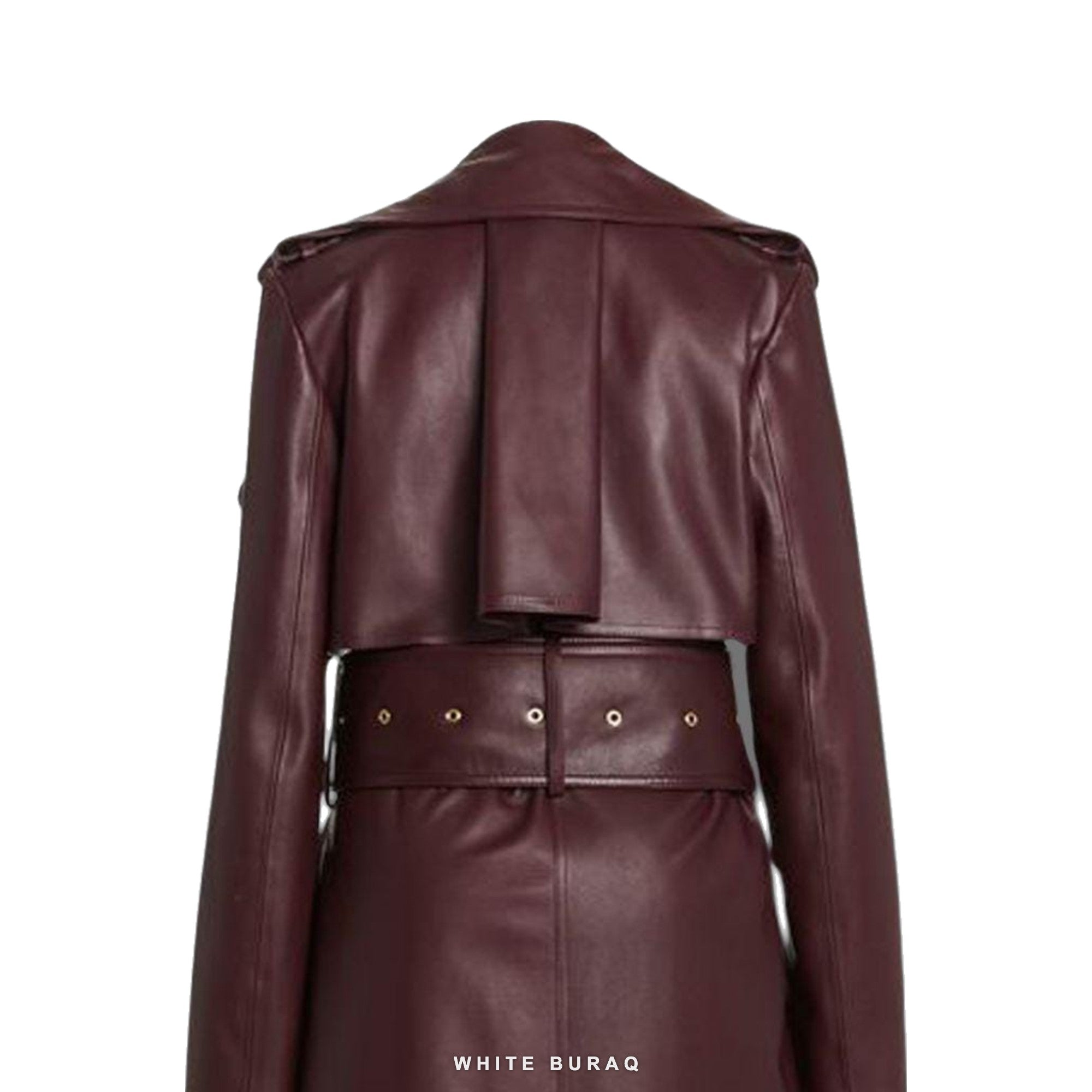 Women's Burgundy Leather Double-Breasted Trench Coat – view 4