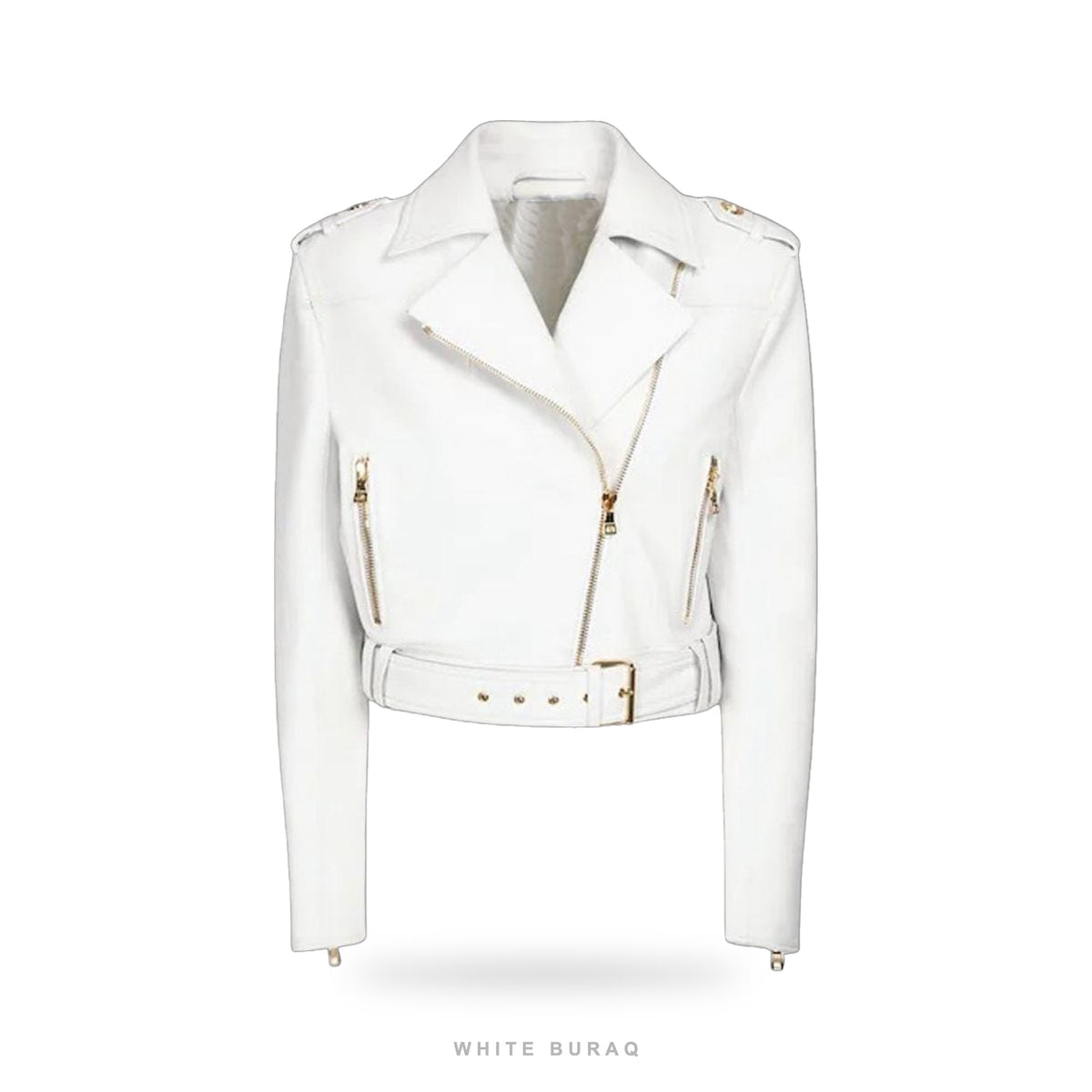 Women's White Lambskin Leather Biker Jacket with Gold Zips