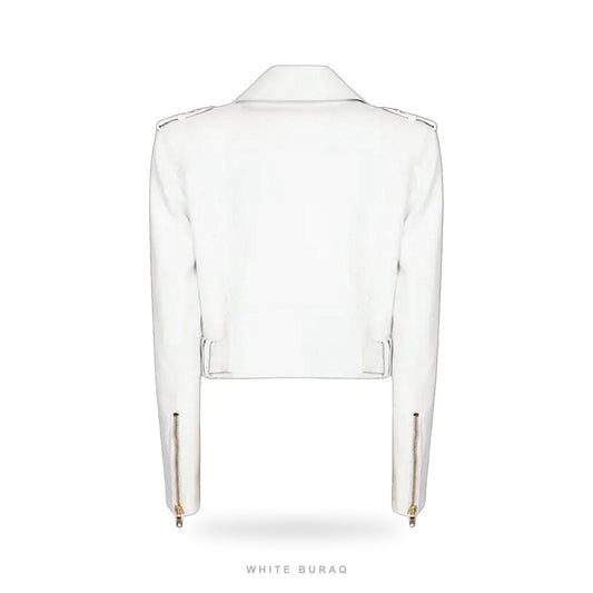 Women's White Lambskin Leather Biker Jacket with Gold Zips – view 2