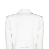 Women's White Lambskin Leather Biker Jacket with Gold Zips – view 4