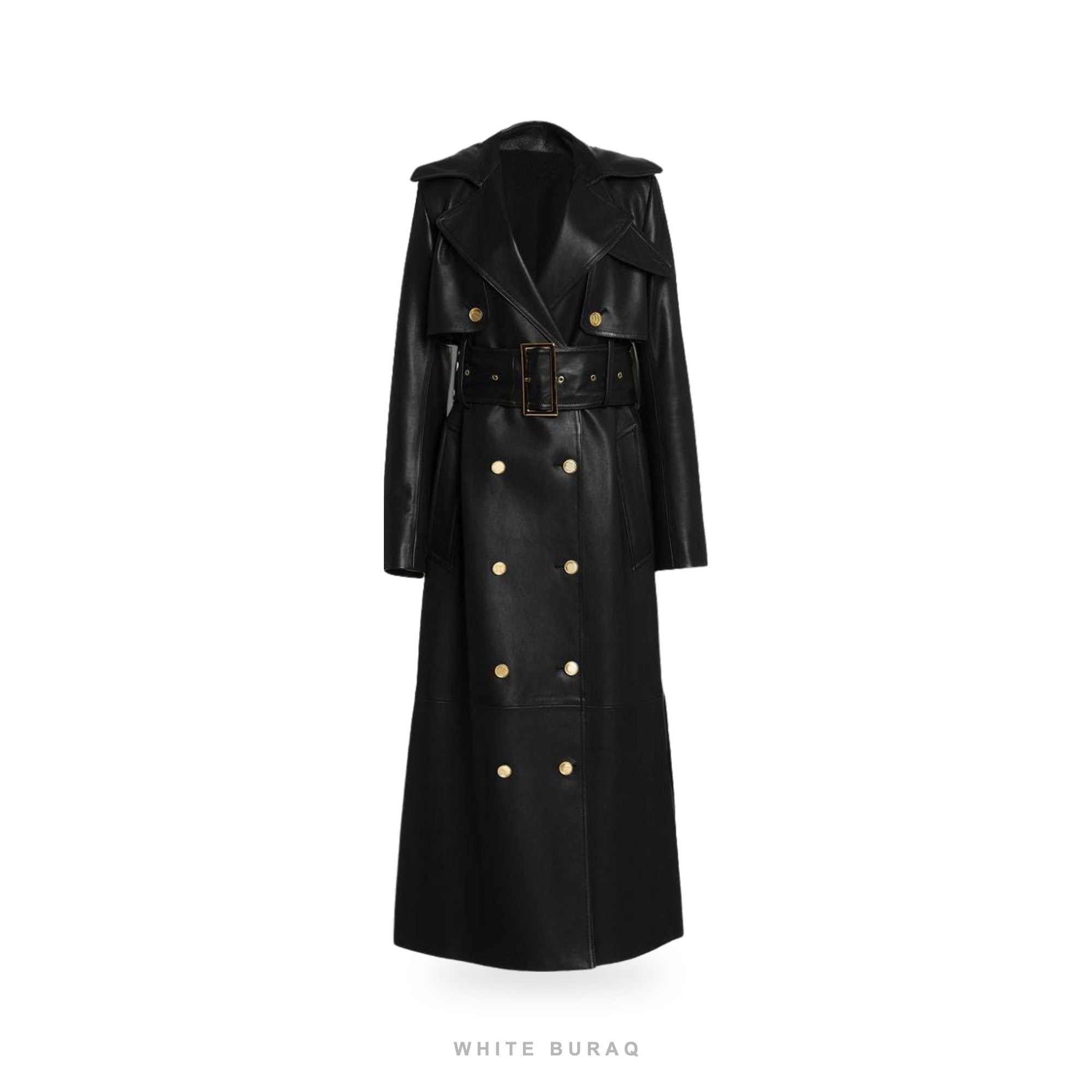 Women's Black Leather Double-Breasted Trench Coat with Gold Buttons