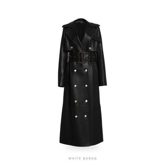 Women's Black Leather Double-Breasted Trench Coat with Gold Buttons