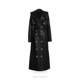Women's Black Leather Double-Breasted Trench Coat with Gold Buttons