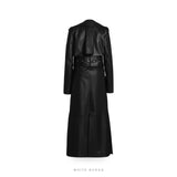 Women's Black Leather Double-Breasted Trench Coat with Gold Buttons – view 2