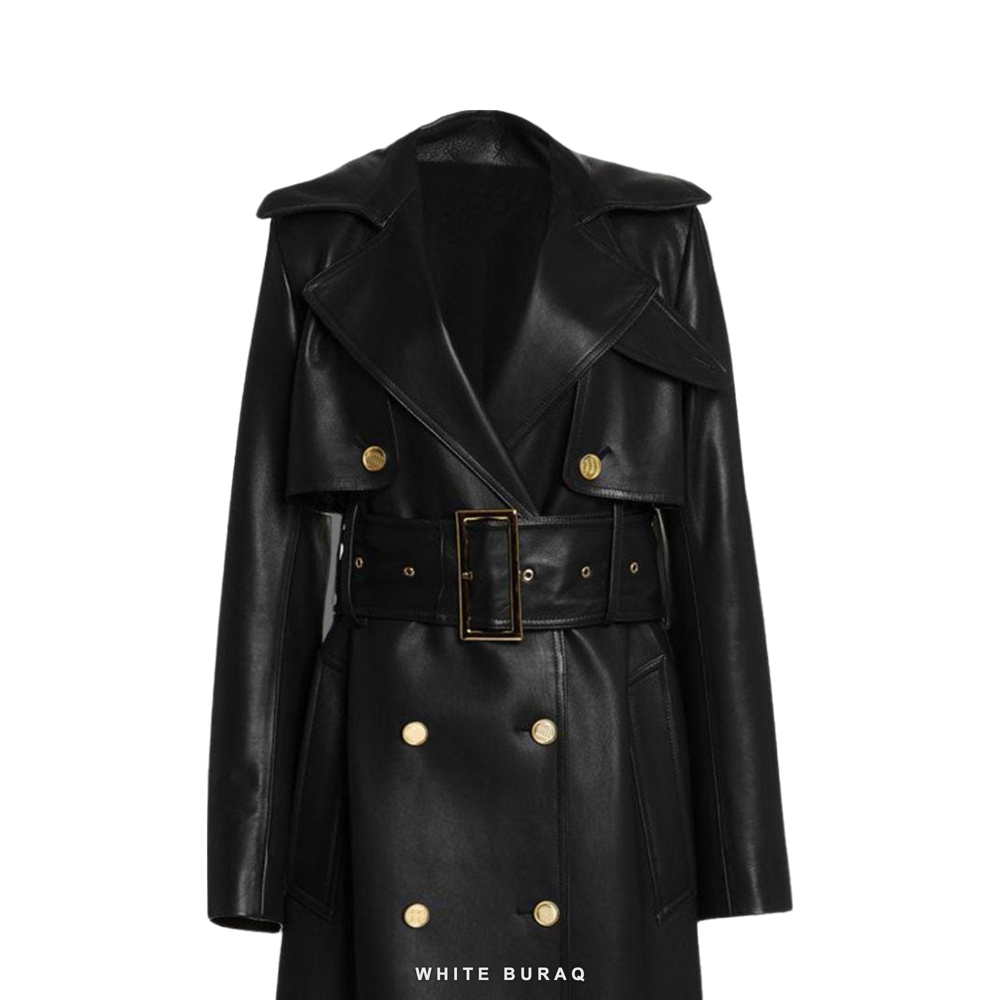 Women's Black Leather Double-Breasted Trench Coat with Gold Buttons – view 3