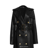 Women's Black Leather Double-Breasted Trench Coat with Gold Buttons – view 3
