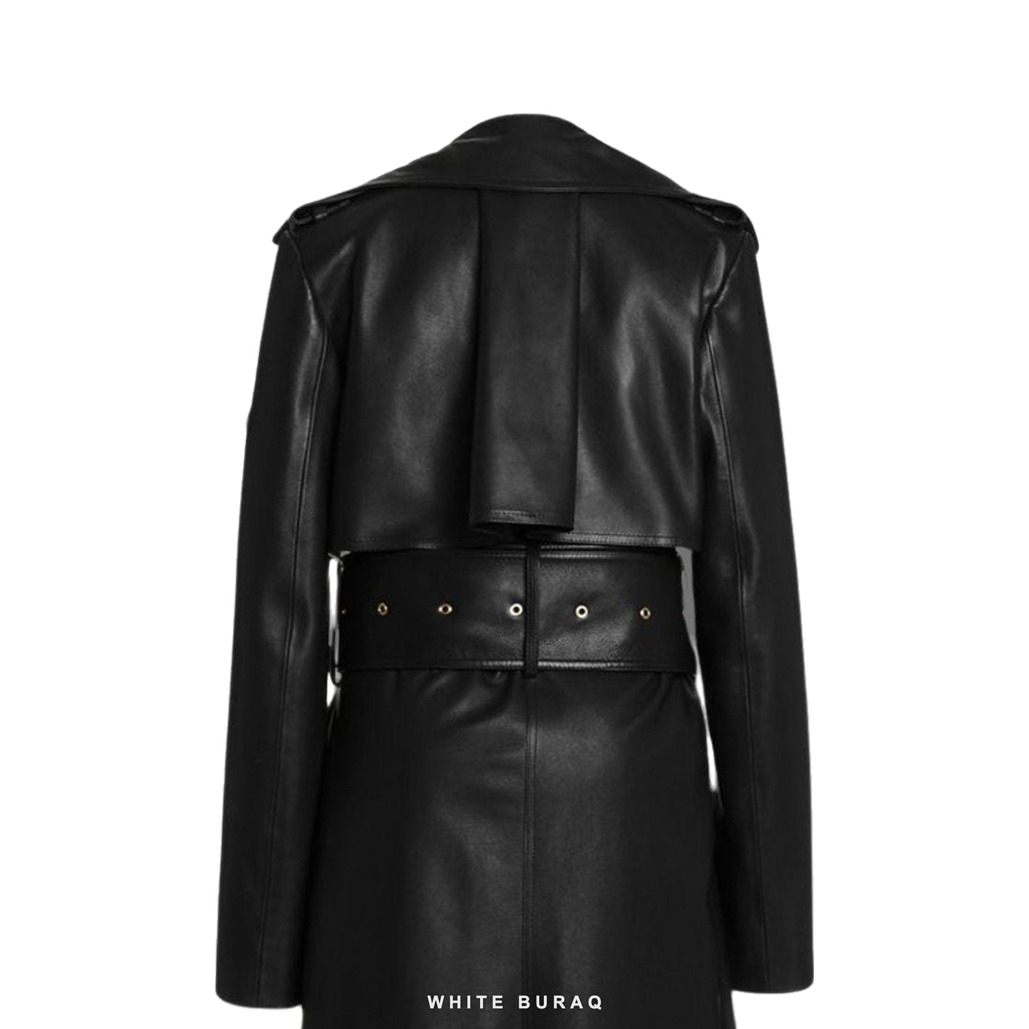 Women's Black Leather Double-Breasted Trench Coat with Gold Buttons – view 4