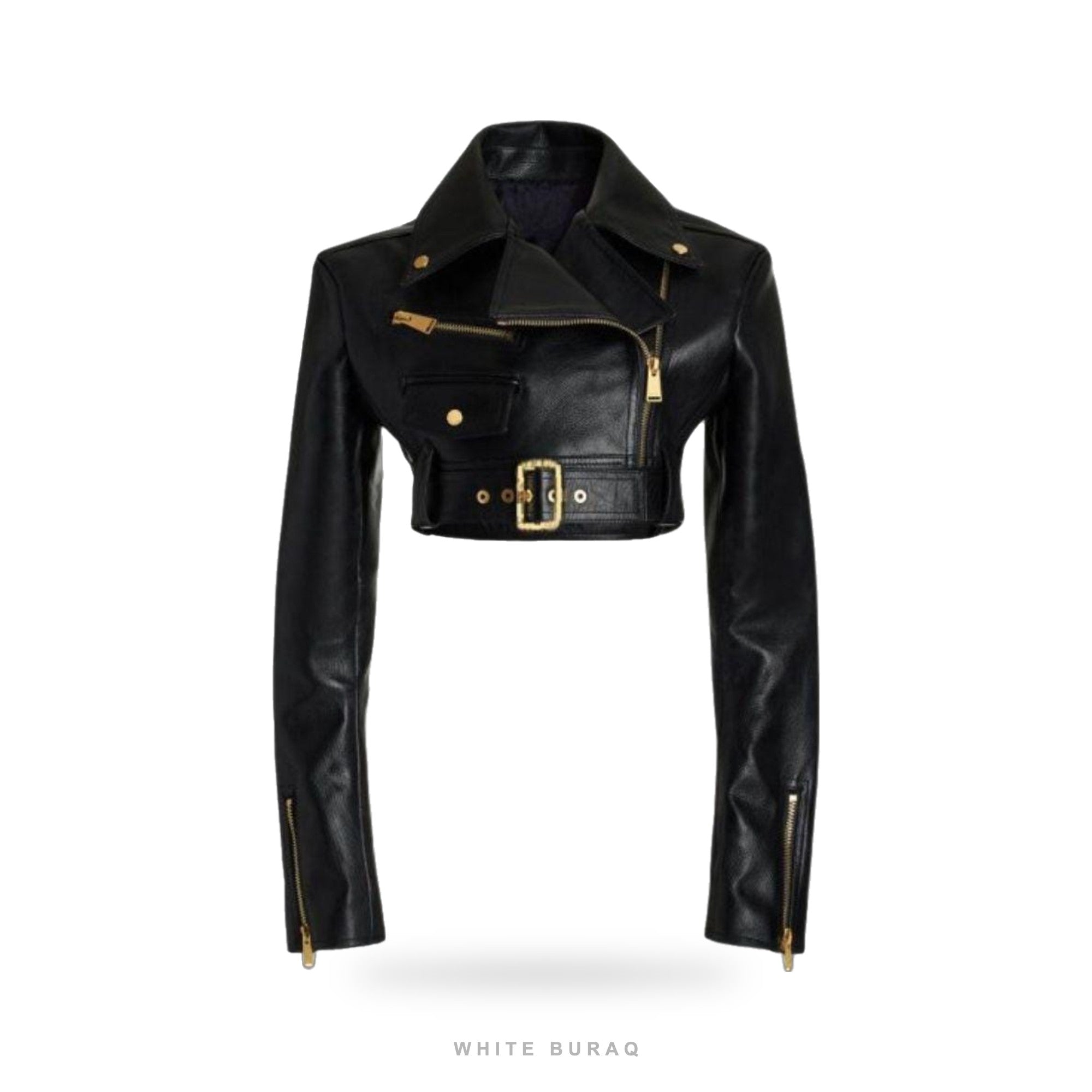 Women's Black Cropped Leather Moto Jacket with Gold Buckle Belt