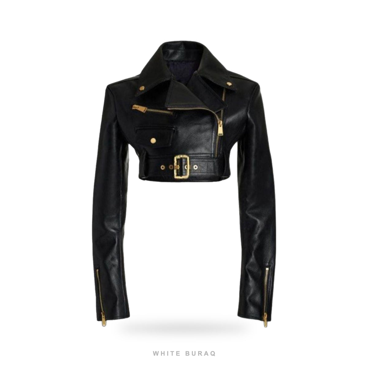 Women's Black Cropped Leather Moto Jacket with Gold Buckle Belt