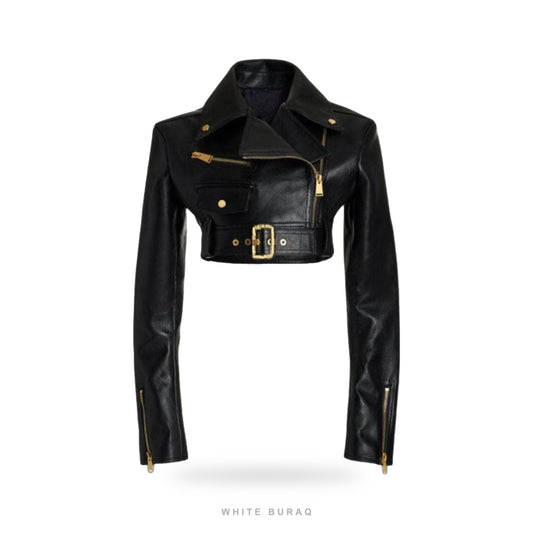 Women's Black Cropped Leather Moto Jacket with Gold Buckle Belt