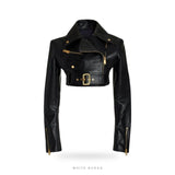 Women's Black Cropped Leather Moto Jacket with Gold Buckle Belt