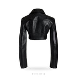 Women's Black Cropped Leather Moto Jacket with Gold Buckle Belt – view 2