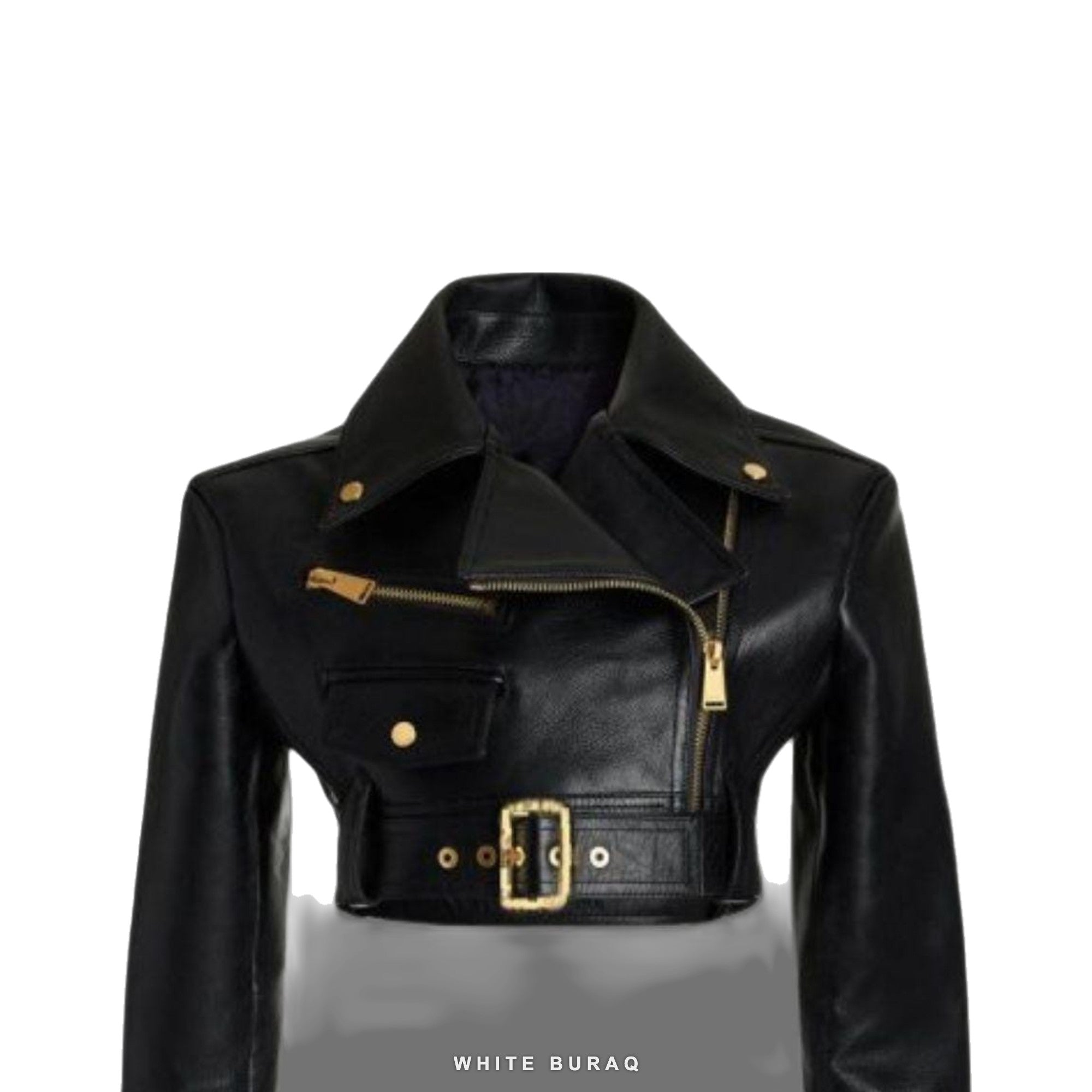 Women's Black Cropped Leather Moto Jacket with Gold Buckle Belt – view 3