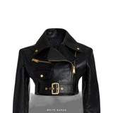 Women's Black Cropped Leather Moto Jacket with Gold Buckle Belt – view 3