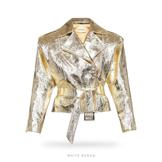 Women's Gold Metallic Belted Cropped Biker Jacket