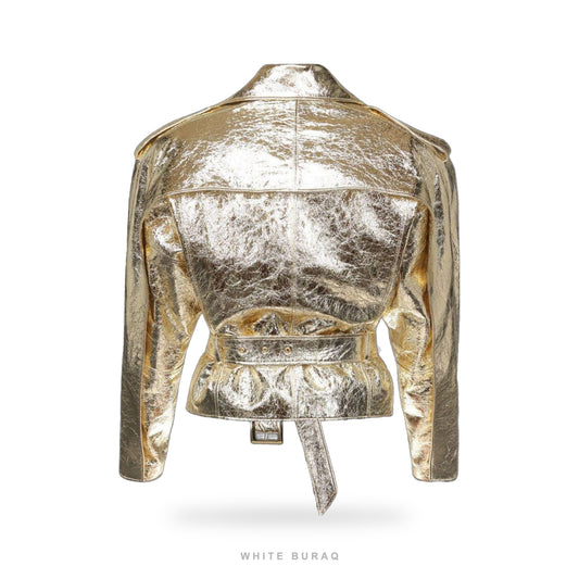 Women's Gold Metallic Belted Cropped Biker Jacket – view 2