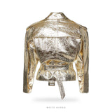 Women's Gold Metallic Belted Cropped Biker Jacket – view 2