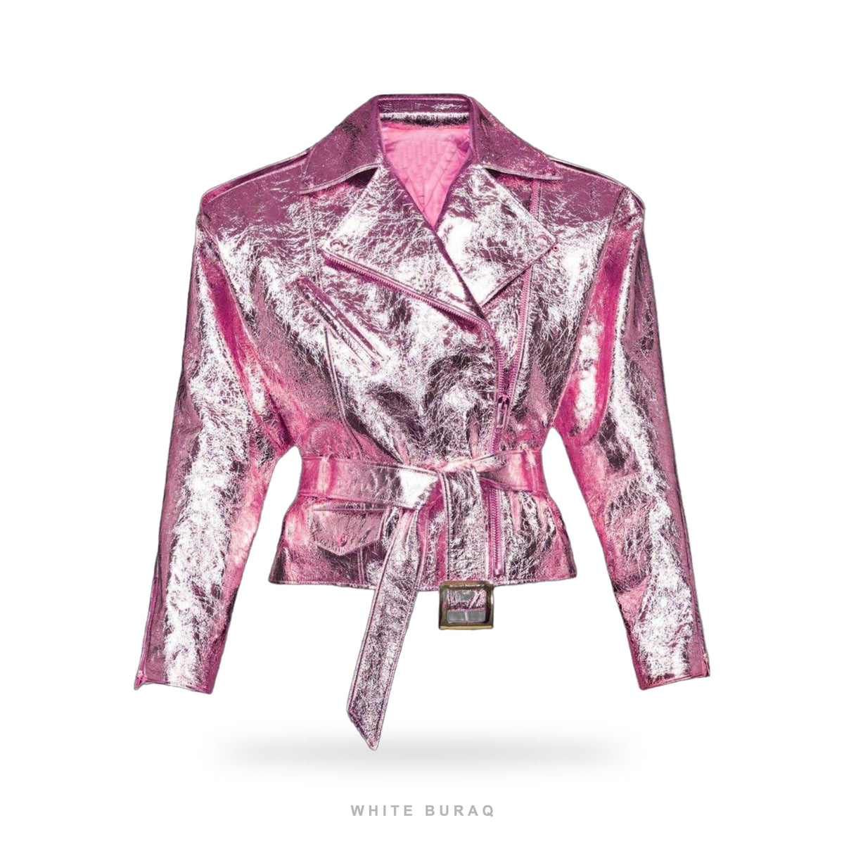 Women's Pink Metallic Sheepskin Belted Biker Jacket