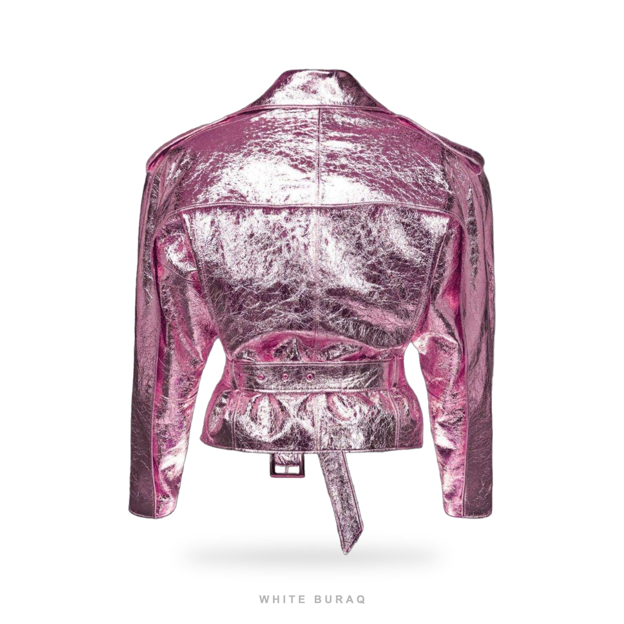 Women's Pink Metallic Sheepskin Belted Biker Jacket – view 2