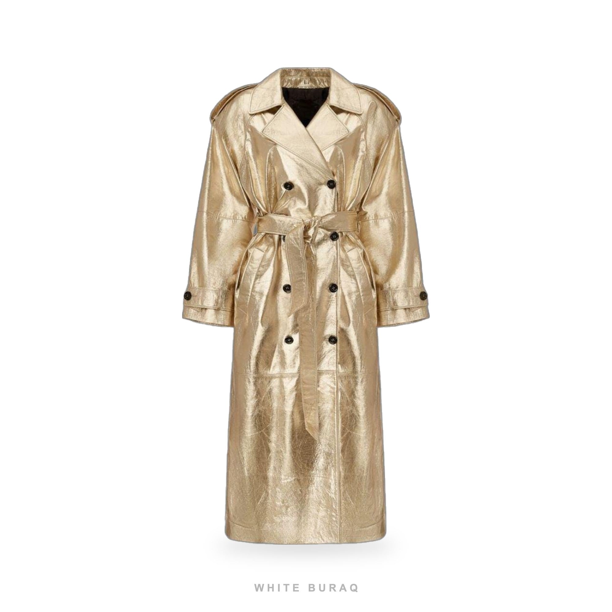 Women's Gold Metallic Leather Double-Breasted Trench Coat