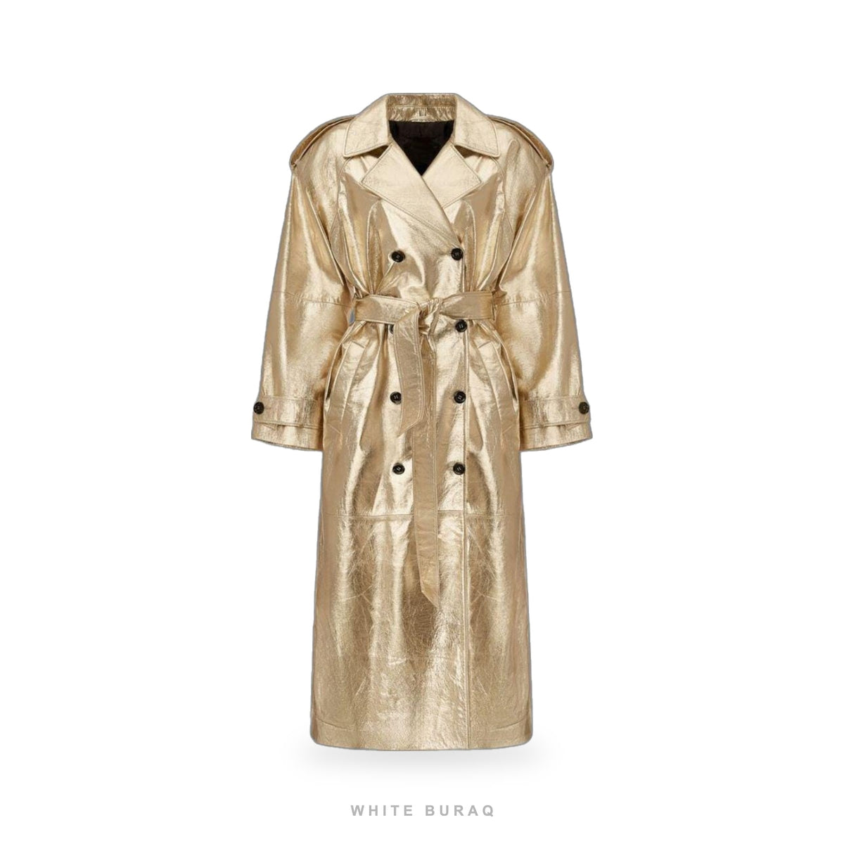 Women's Gold Metallic Leather Double-Breasted Trench Coat