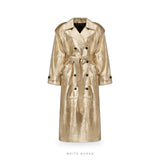 Women's Gold Metallic Leather Double-Breasted Trench Coat