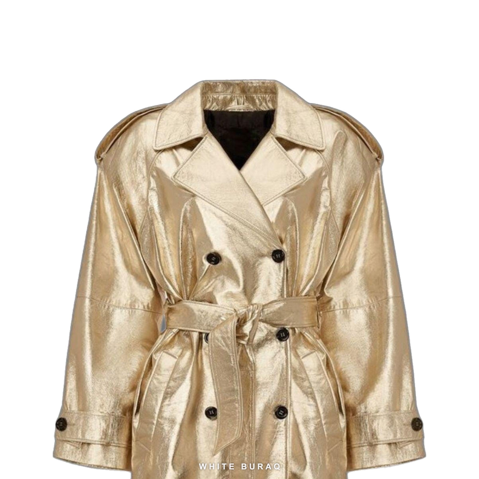 Women's Gold Metallic Leather Double-Breasted Trench Coat – view 3