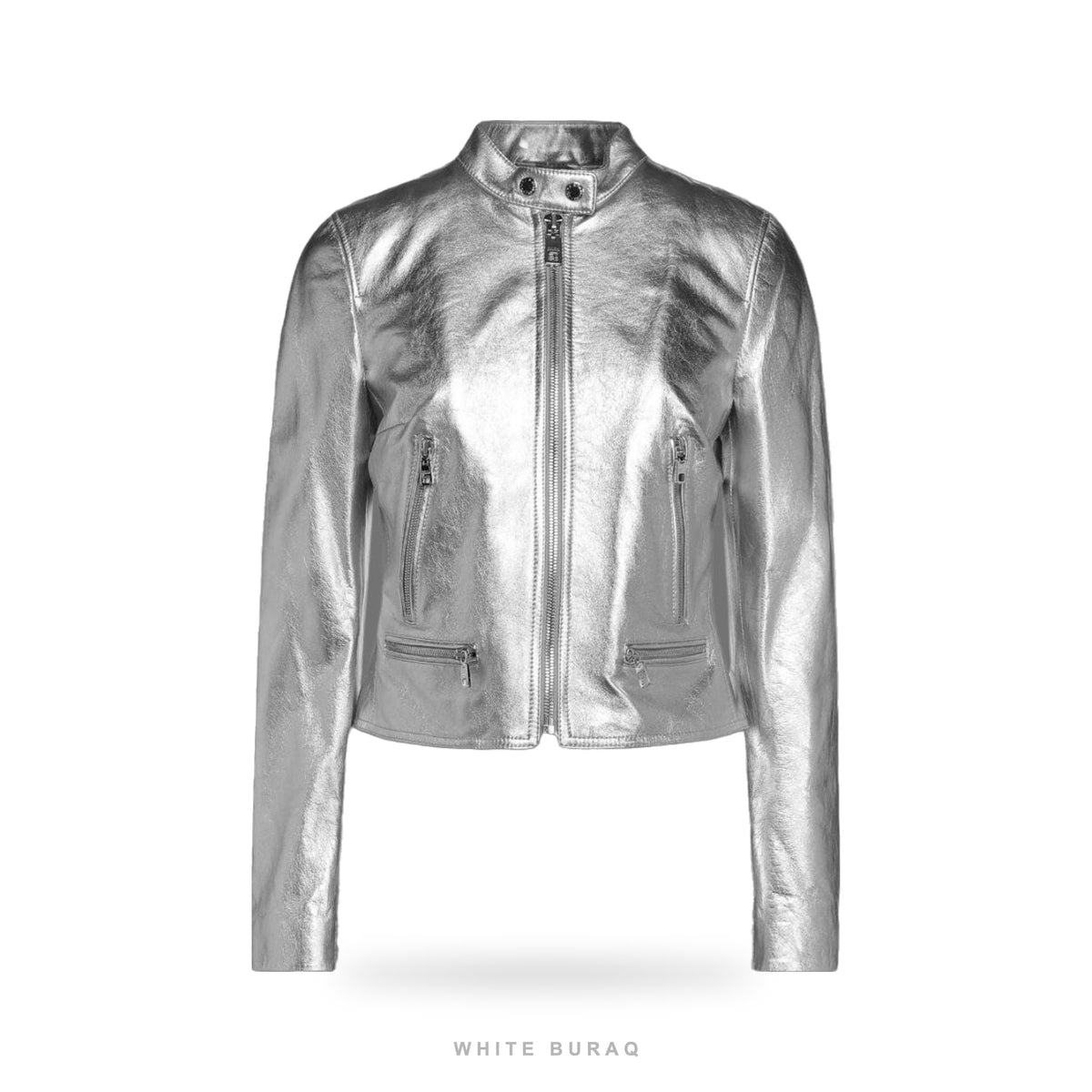 Women's Metallic Silver Sheepskin Biker Jacket
