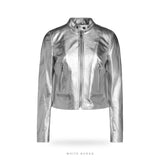 Women's Metallic Silver Sheepskin Biker Jacket