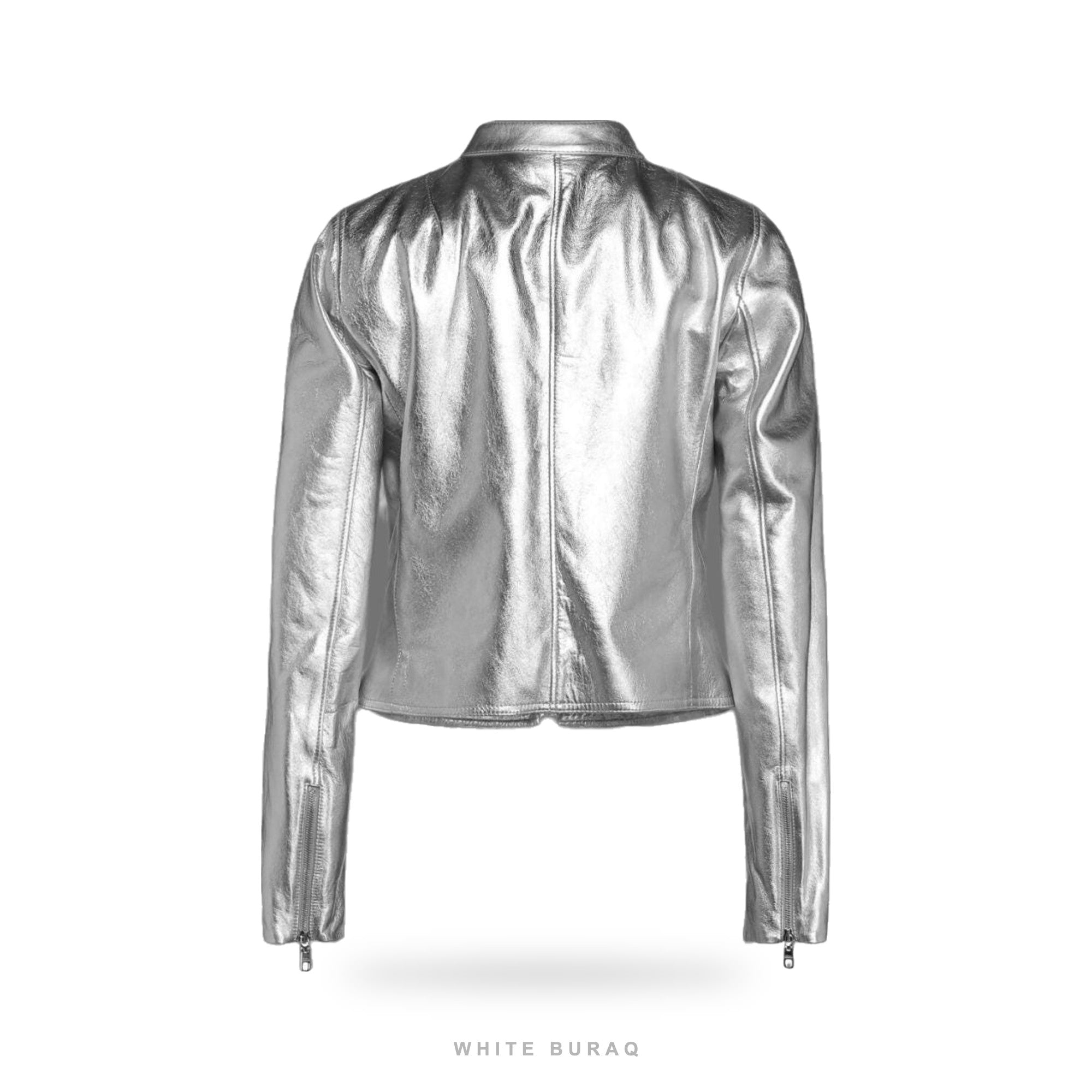 Women's Metallic Silver Sheepskin Biker Jacket – view 2