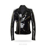 Women's High-Shine Black Vinyl Biker Jacket with Gold Zips