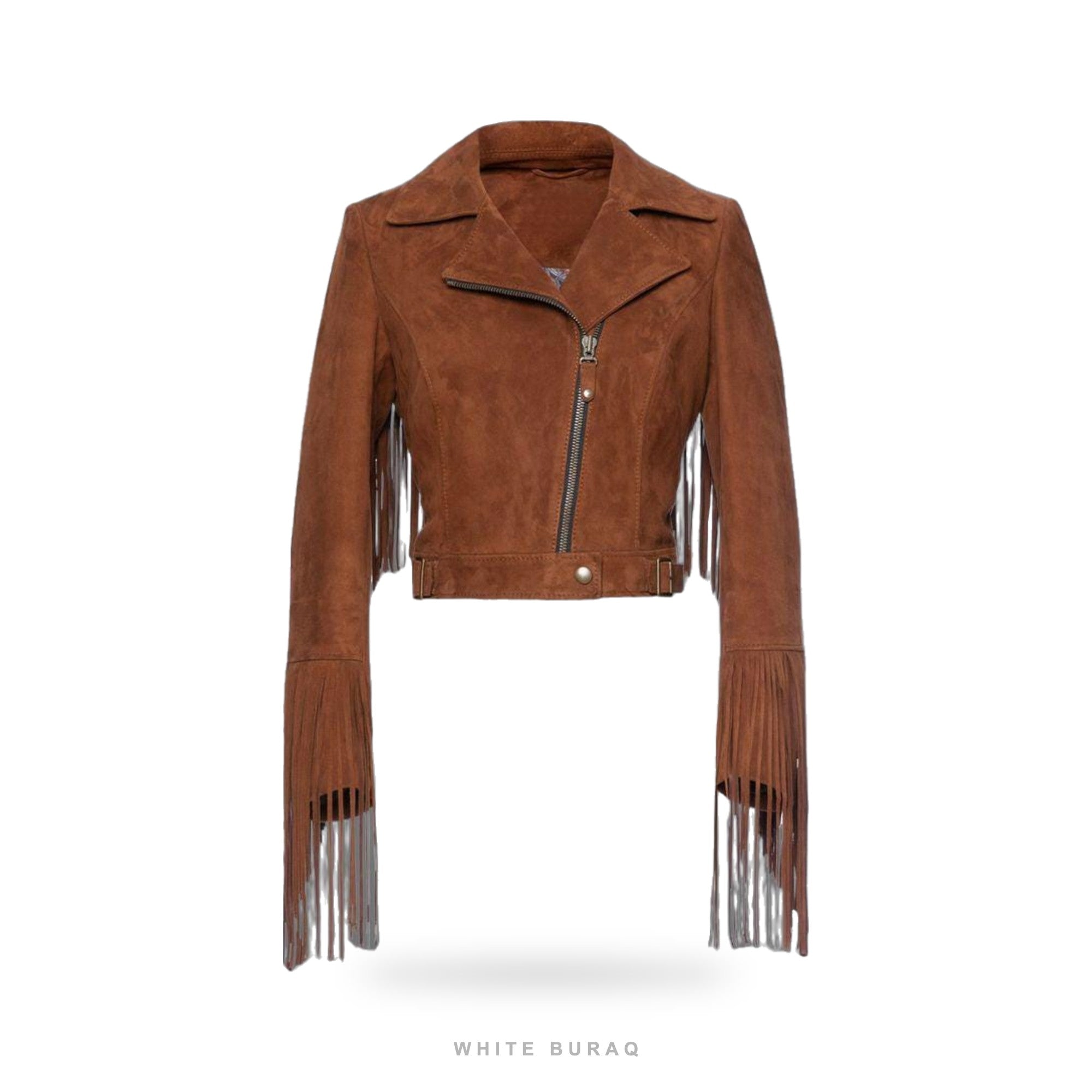 Women's Brown Suede Fringe Cropped Biker Jacket