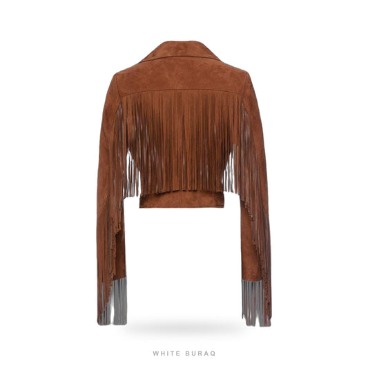 Women's Brown Suede Fringe Cropped Biker Jacket – view 2