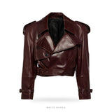 Women's Burgundy Lambskin Cropped Biker Jacket