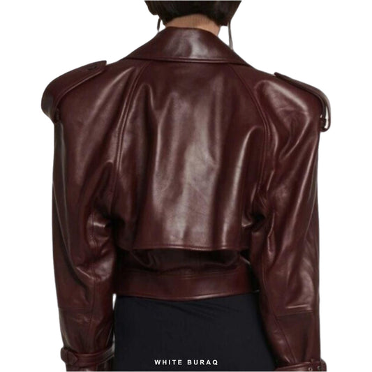 Women's Burgundy Lambskin Cropped Biker Jacket – view 2